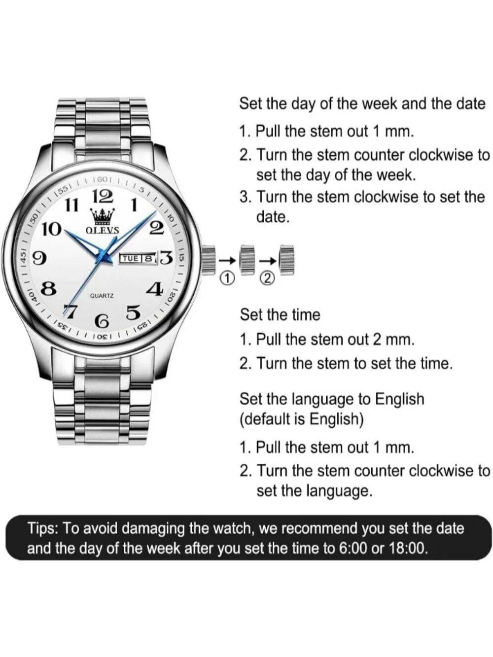 Men's Silver White Stainless Steel Analog Quartz Classic Waterproof Round Watch